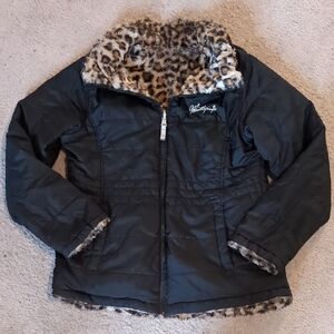 Weatherproof Black Puffer Jacket with Leopard Lining